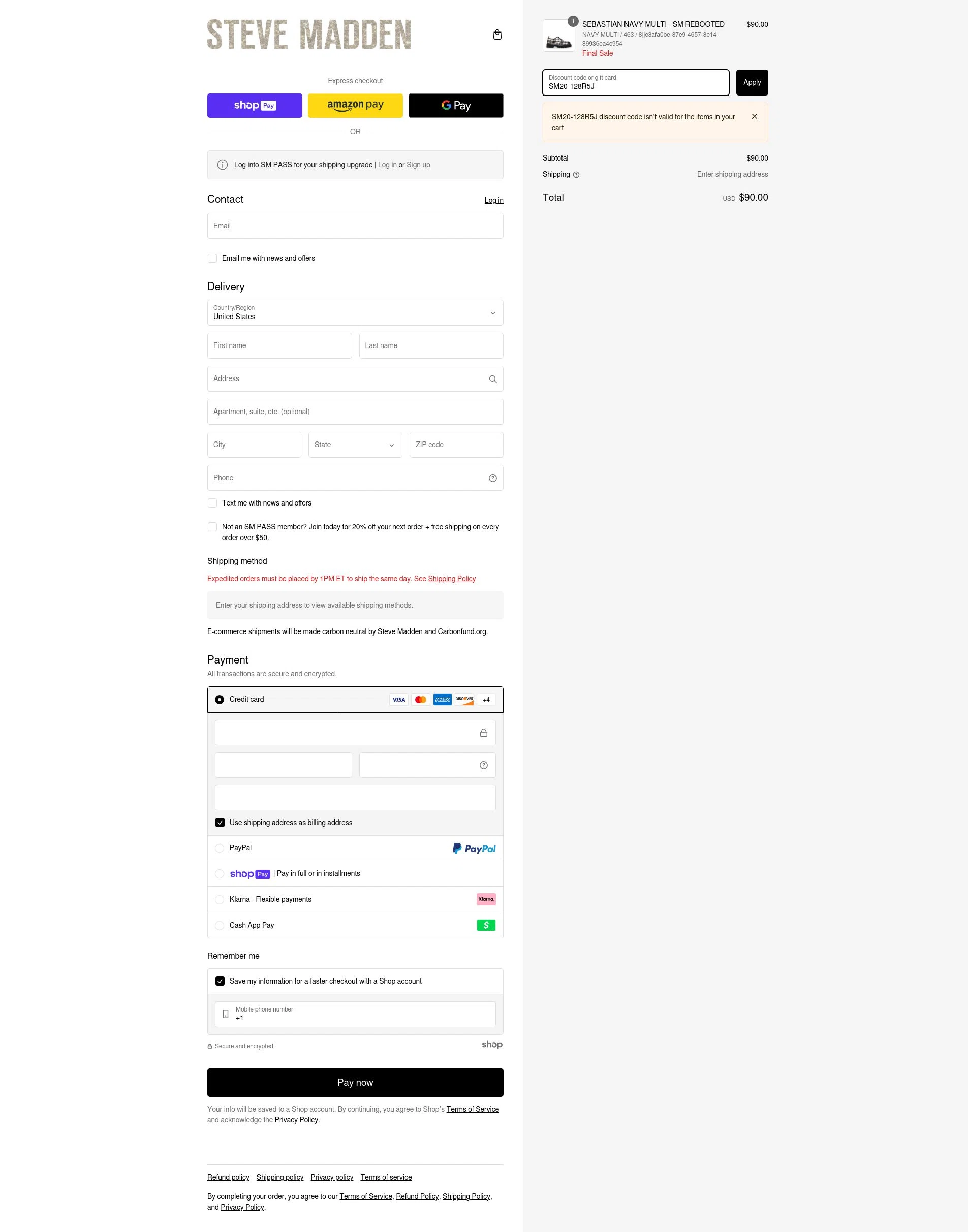 where to use Steve Madden promo code box