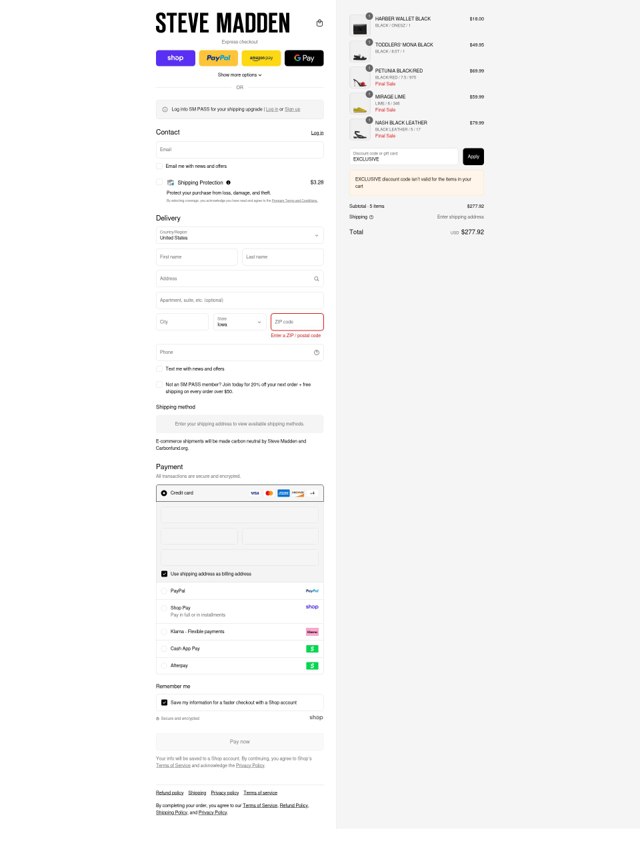 Steve Madden checkout page showing Steve Madden discount code box | Screenshot taken by SimplyCodes community member on Sep 3, 2025