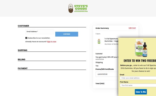 Steve's Goods checkout page showing Steve's Goods promo code box | Screenshot taken by SimplyCodes community member on Jul 12, 2025