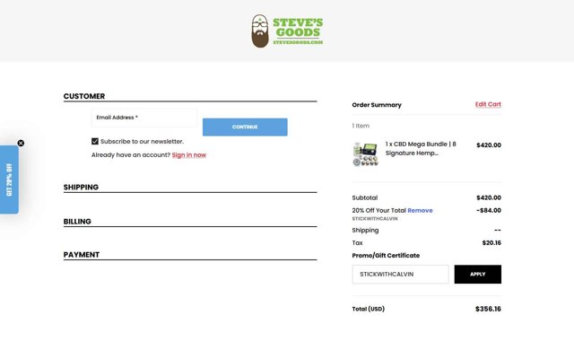 Steve's Goods checkout page showing Steve's Goods promo code box | Screenshot taken by SimplyCodes community member on Sep 7, 2025