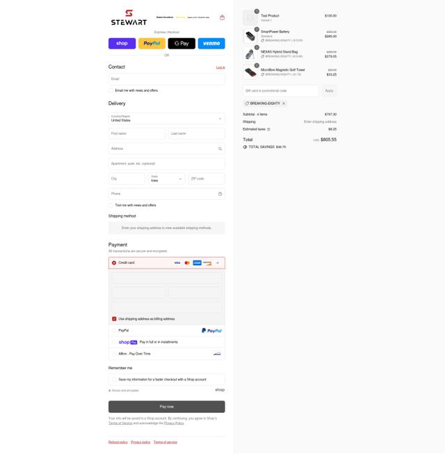 Stewart Golf USA checkout page showing Stewart Golf USA promo code box | Screenshot taken by SimplyCodes community member on Aug 8, 2025