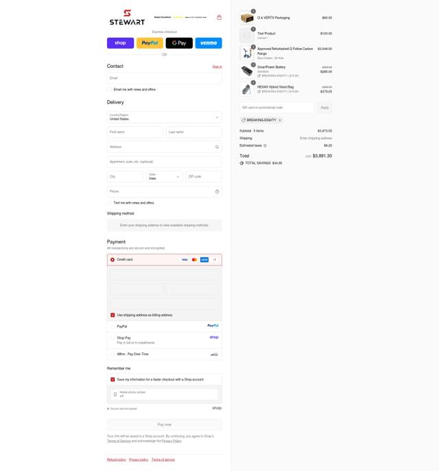 Stewart Golf USA checkout page showing Stewart Golf USA promo code box | Screenshot taken by SimplyCodes community member on Sep 11, 2025