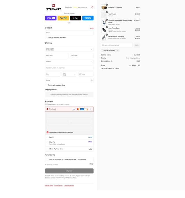 Stewart Golf USA checkout page showing Stewart Golf USA promo code box | Screenshot taken by SimplyCodes community member on Aug 26, 2025