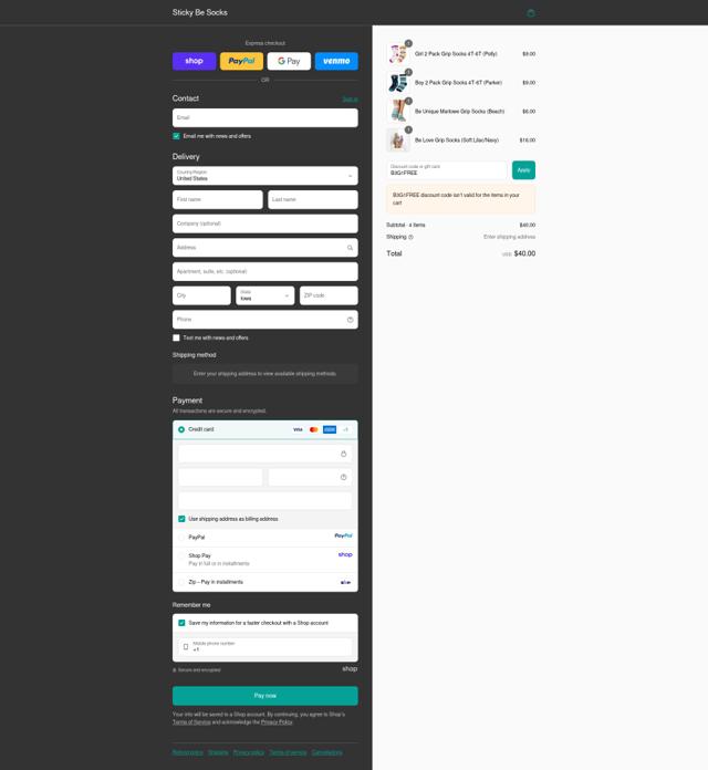 Sticky Be Socks checkout page showing Sticky Be Socks promo code box | Screenshot taken by SimplyCodes community member on Sep 12, 2025
