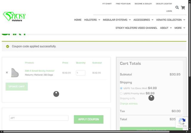 Sticky Holsters checkout page showing Sticky Holsters promo code box | Screenshot taken by SimplyCodes community member on Oct 4, 2025