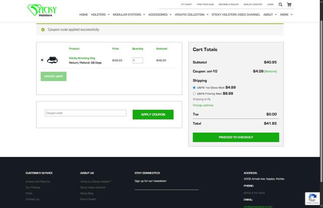 Sticky Holsters checkout page showing Sticky Holsters promo code box | Screenshot taken by SimplyCodes community member on Sep 10, 2025