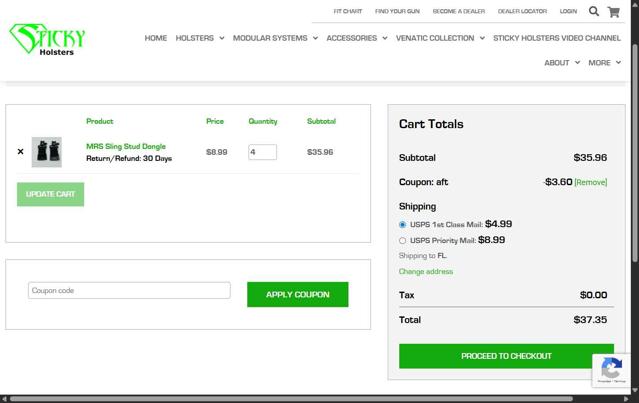 Sticky Holsters checkout page showing Sticky Holsters promo code box | Screenshot taken by SimplyCodes community member on Aug 7, 2025
