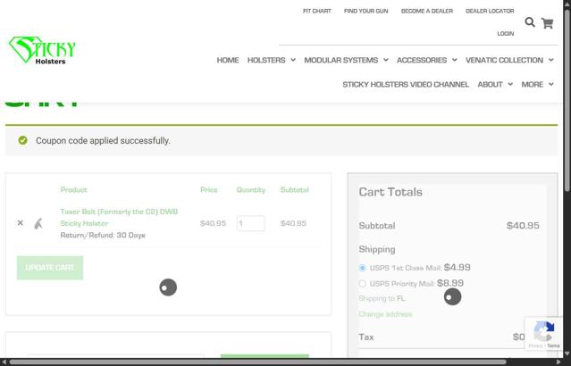 Sticky Holsters checkout page showing Sticky Holsters promo code box | Screenshot taken by SimplyCodes community member on May 24, 2025