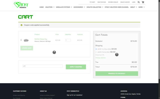 Sticky Holsters checkout page showing Sticky Holsters promo code box | Screenshot taken by SimplyCodes community member on Sep 5, 2025