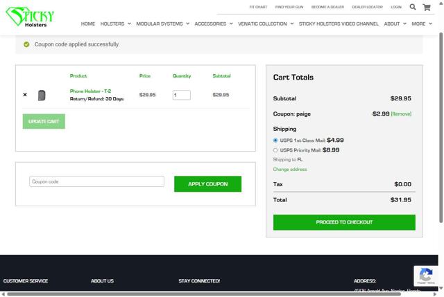 Sticky Holsters checkout page showing Sticky Holsters promo code box | Screenshot taken by SimplyCodes community member on Aug 12, 2025