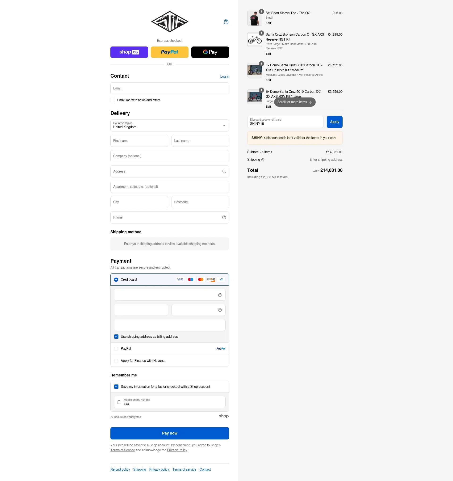 Stif Mountain Bikes checkout page showing Stif Mountain Bikes promo code box | Screenshot taken by SimplyCodes community member on Aug 24, 2025