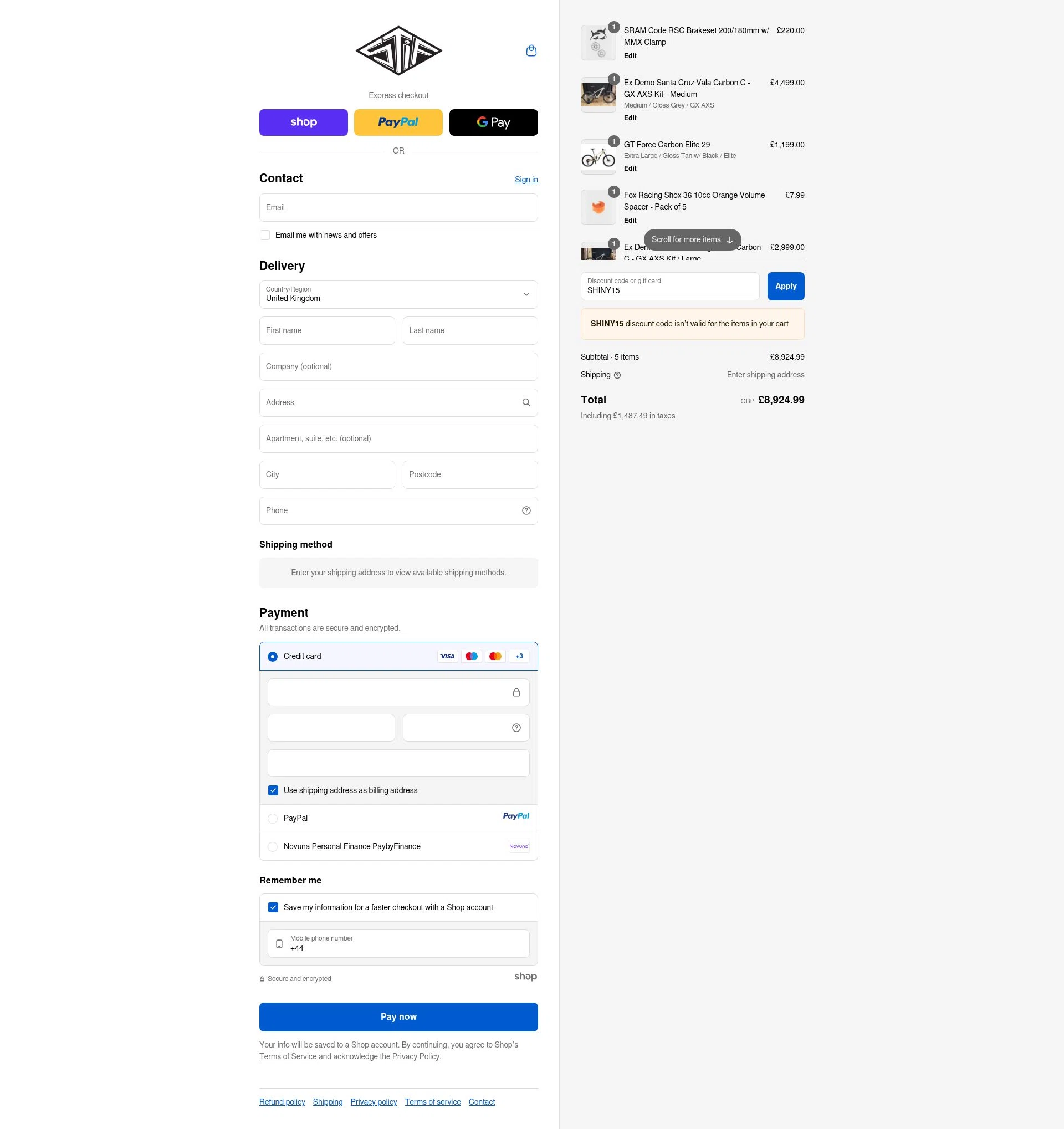 Stif Mountain Bikes checkout page showing Stif Mountain Bikes promo code box | Screenshot taken by SimplyCodes community member on Sep 10, 2025