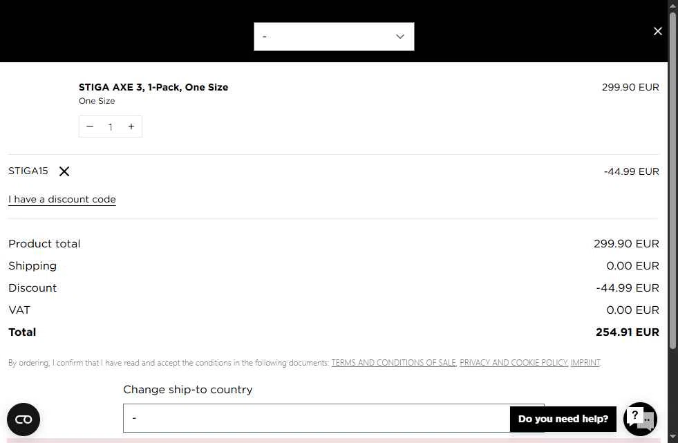STIGA Sports checkout page showing STIGA Sports discount code box | Screenshot taken by SimplyCodes community member on Jan 2, 2026
