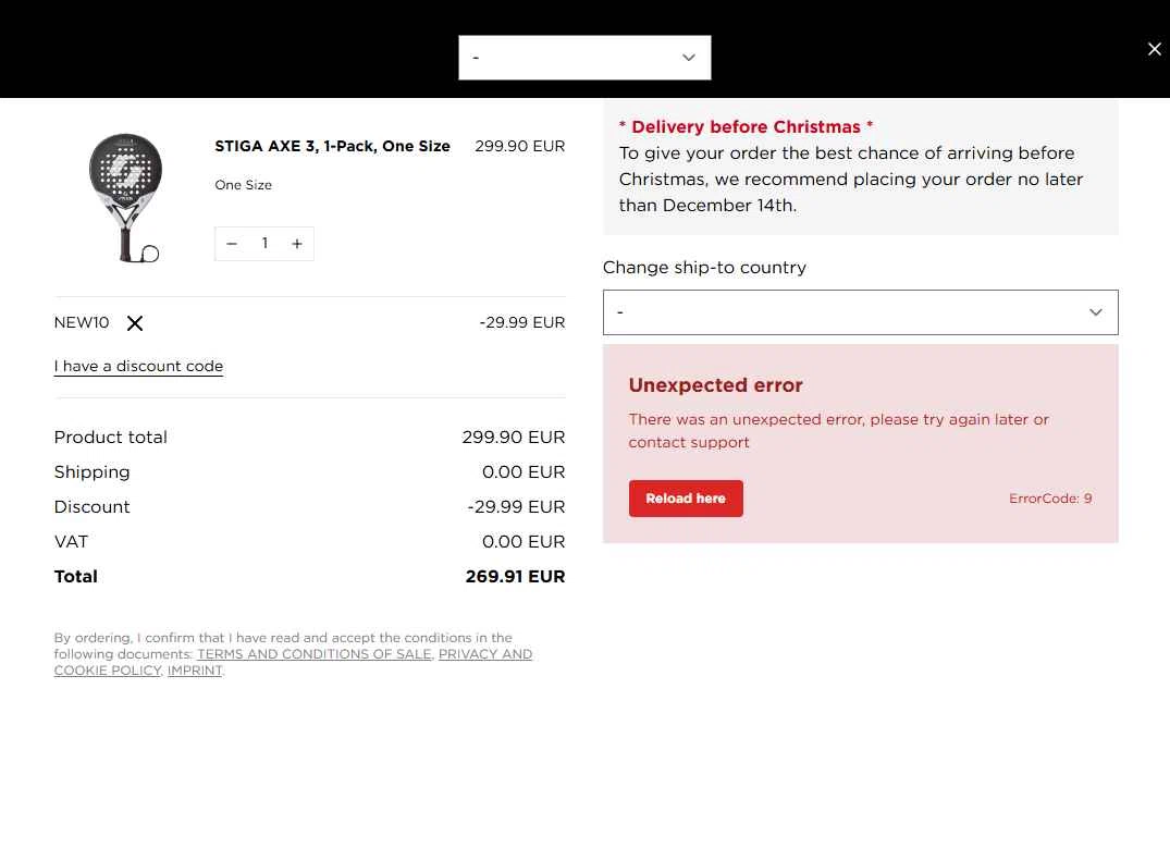 STIGA Sports checkout page showing STIGA Sports discount code box | Screenshot taken by SimplyCodes community member on Dec 16, 2025