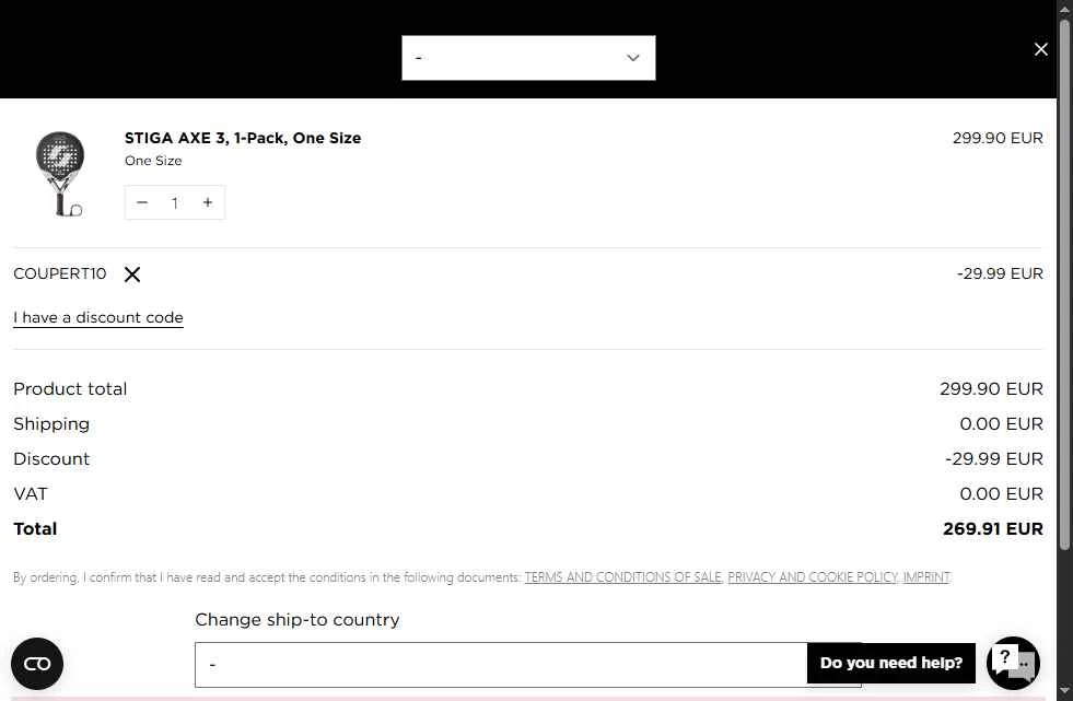 STIGA Sports checkout page showing STIGA Sports discount code box | Screenshot taken by SimplyCodes community member on Oct 5, 2025