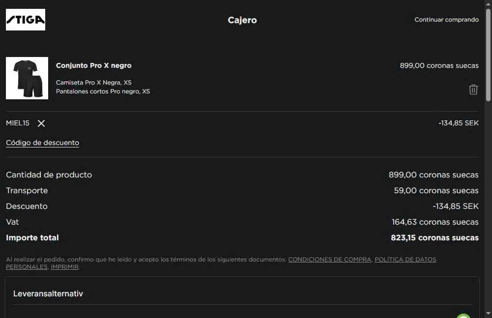STIGA Sports checkout page showing STIGA Sports discount code box | Screenshot taken by SimplyCodes community member on Jan 5, 2026