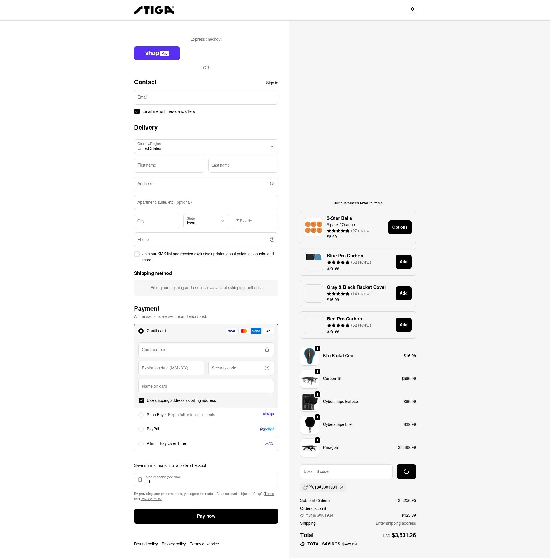 Stiga US checkout page showing Stiga US promo code box | Screenshot taken by SimplyCodes community member on Jan 9, 2026