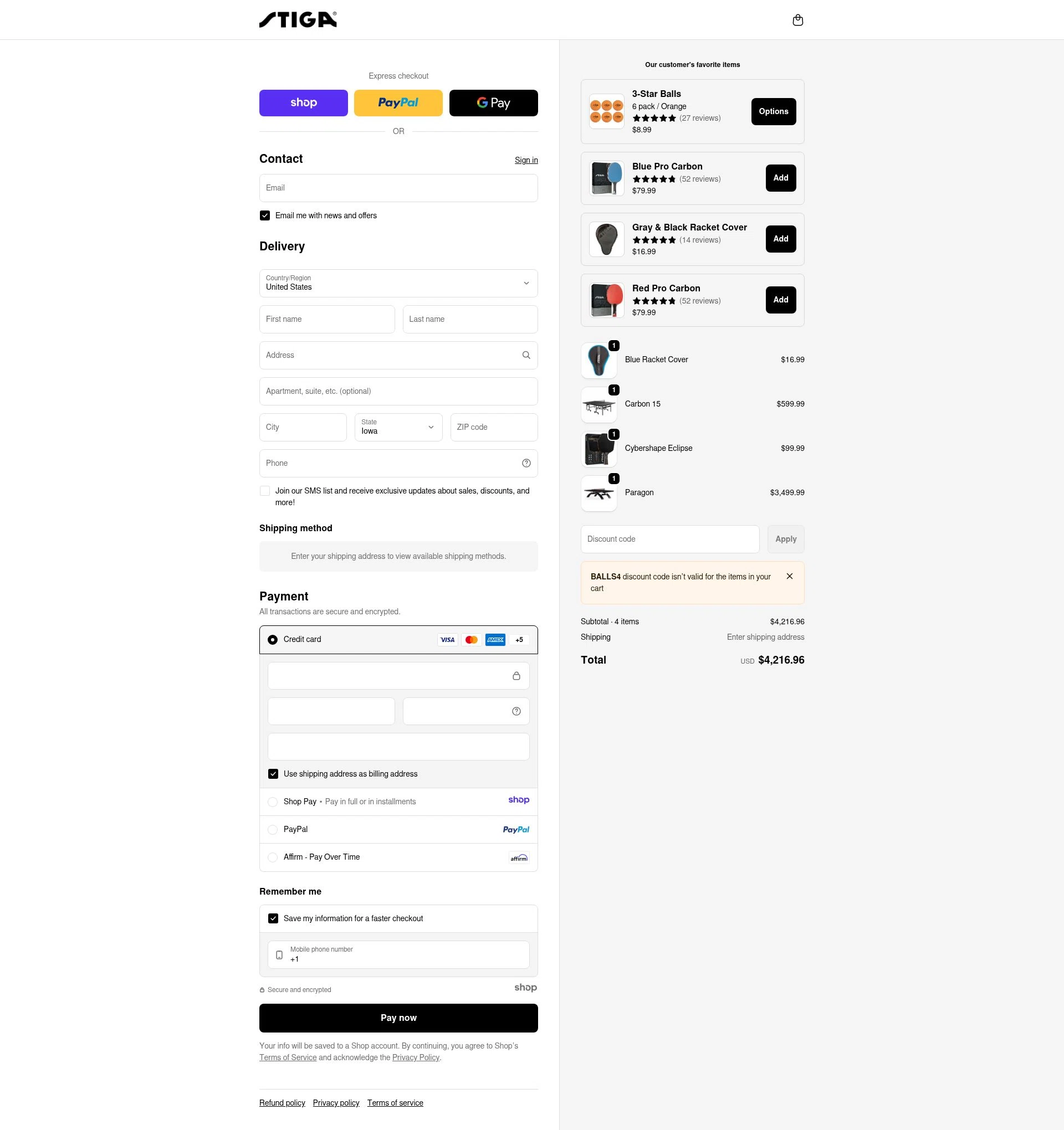 Stiga US checkout page showing Stiga US promo code box | Screenshot taken by SimplyCodes community member on Jan 4, 2026