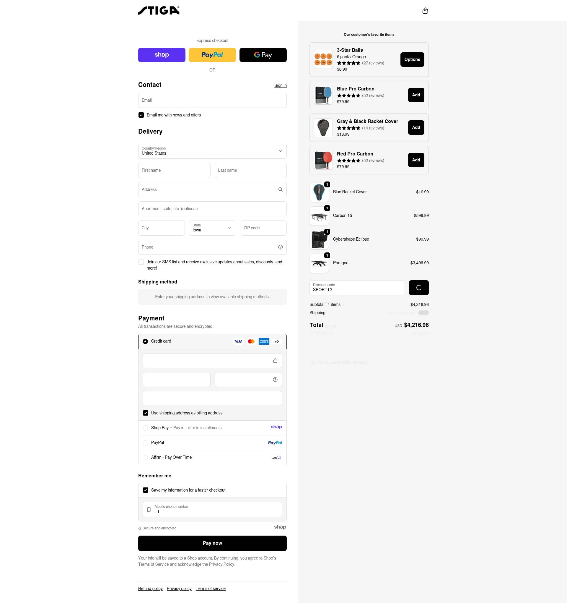 Stiga US checkout page showing Stiga US promo code box | Screenshot taken by SimplyCodes community member on Jan 4, 2026