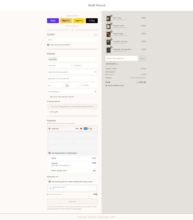 Still Novel checkout page showing Still Novel discount code box | Screenshot taken by SimplyCodes community member on Sep 6, 2025