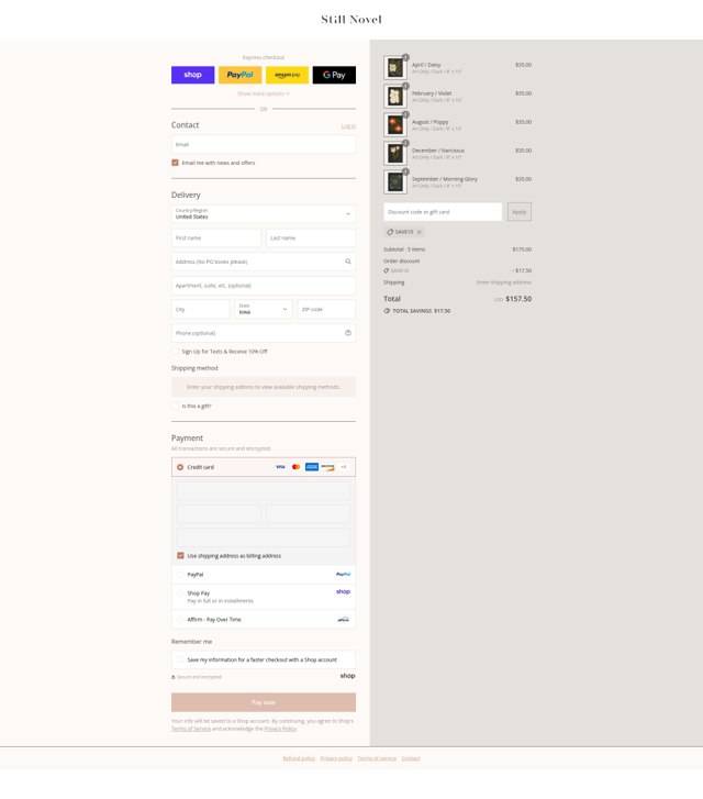 Still Novel checkout page showing Still Novel discount code box | Screenshot taken by SimplyCodes community member on Sep 6, 2025