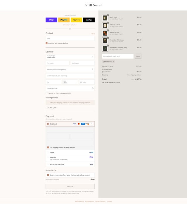 Still Novel checkout page showing Still Novel discount code box | Screenshot taken by SimplyCodes community member on Sep 2, 2025