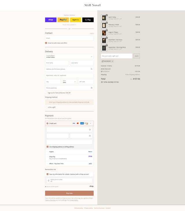 Still Novel checkout page showing Still Novel discount code box | Screenshot taken by SimplyCodes community member on Sep 2, 2025