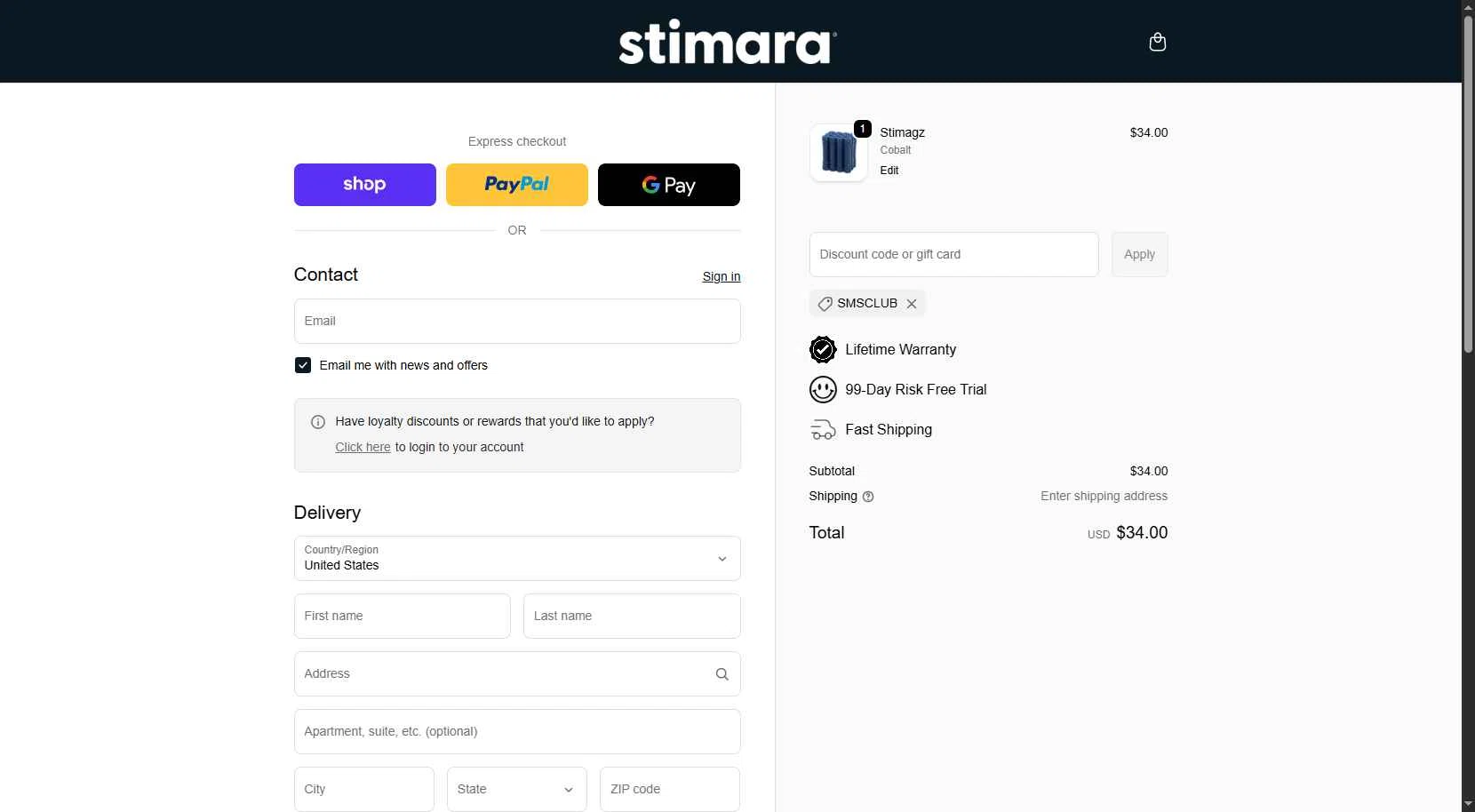 Stimagz checkout page showing Stimagz discount code box | Screenshot taken by SimplyCodes community member on Jan 8, 2026