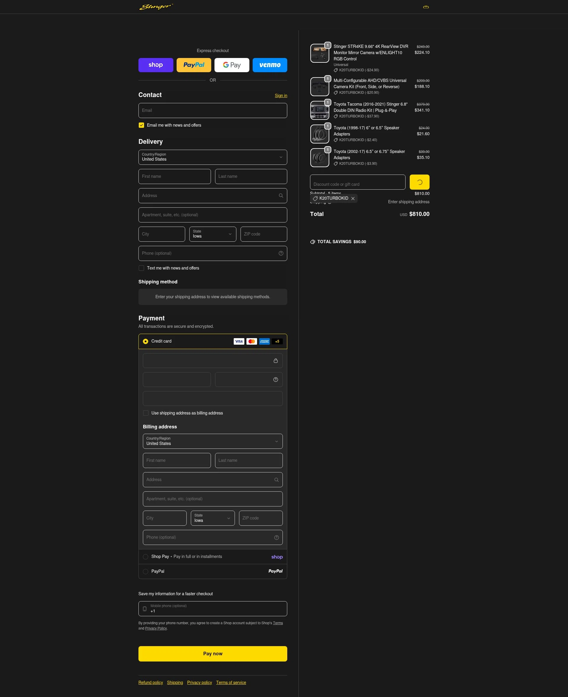 Stinger checkout page showing Stinger discount code box | Screenshot taken by SimplyCodes community member on Feb 14, 2026