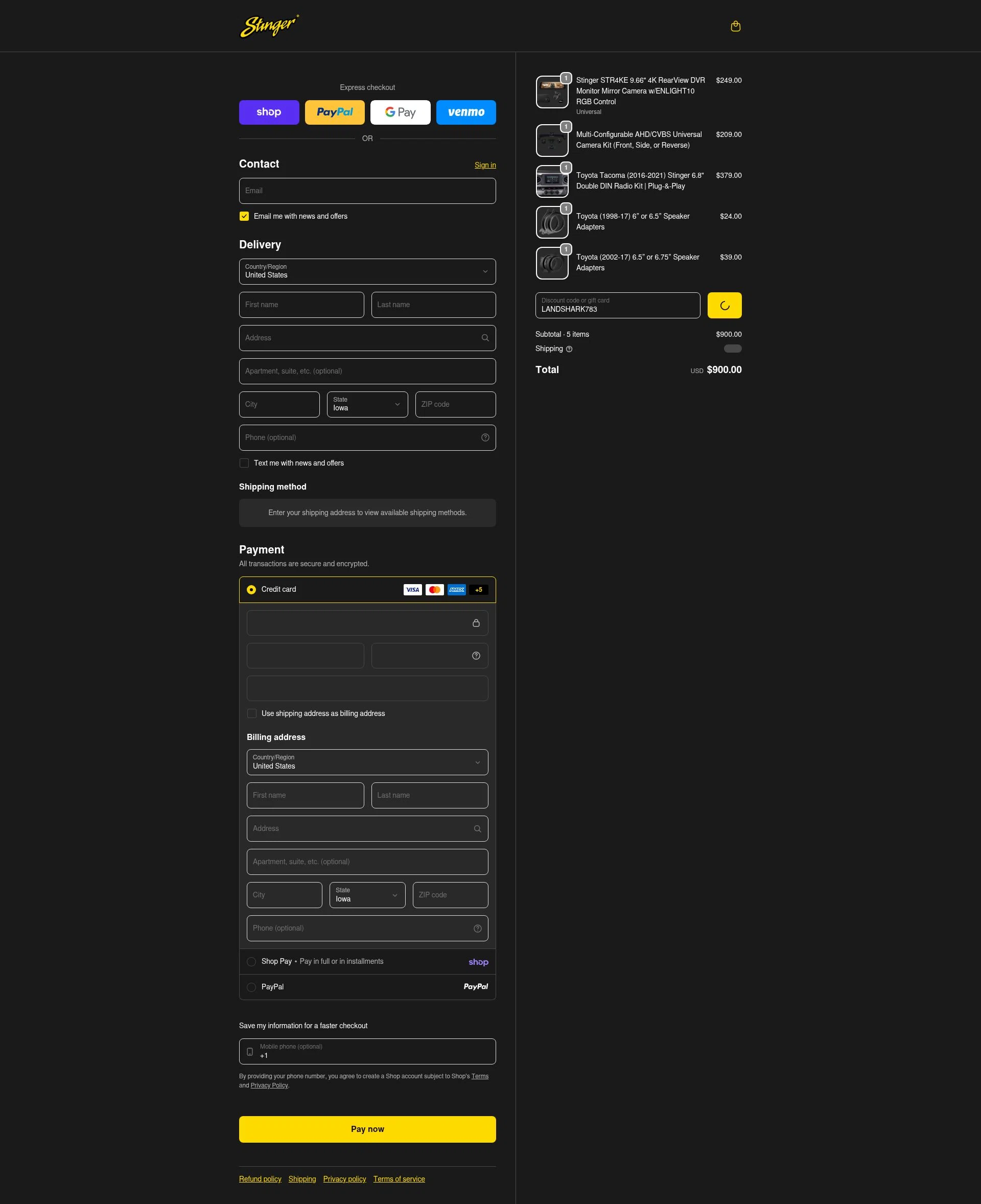 Stinger checkout page showing Stinger discount code box | Screenshot taken by SimplyCodes community member on Feb 14, 2026