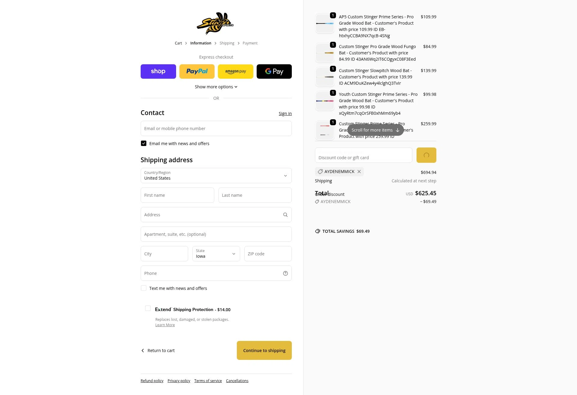 Stinger Sports checkout page showing Stinger Sports promo code box | Screenshot taken by SimplyCodes community member on Feb 7, 2026
