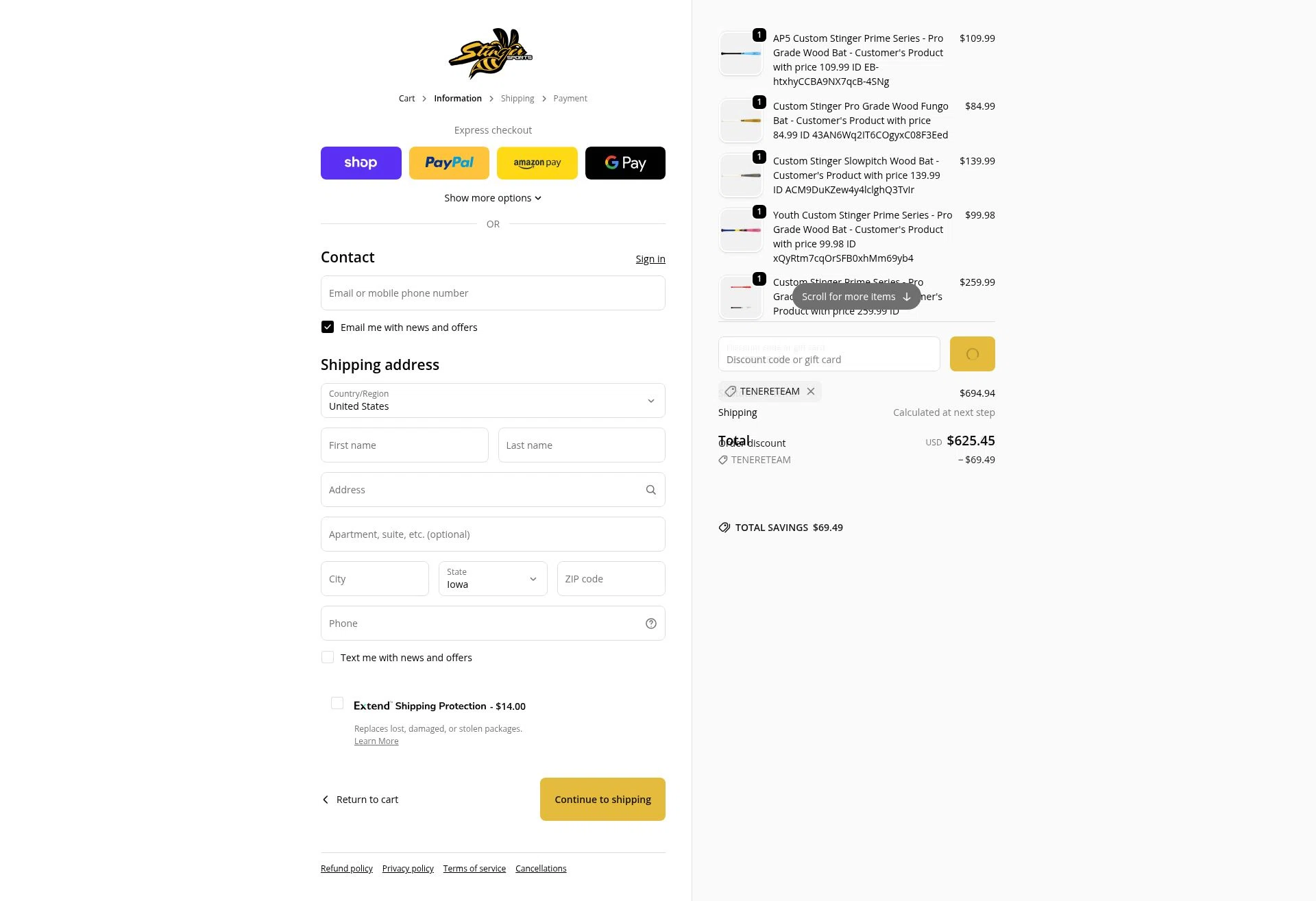 Stinger Sports checkout page showing Stinger Sports promo code box | Screenshot taken by SimplyCodes community member on Feb 7, 2026