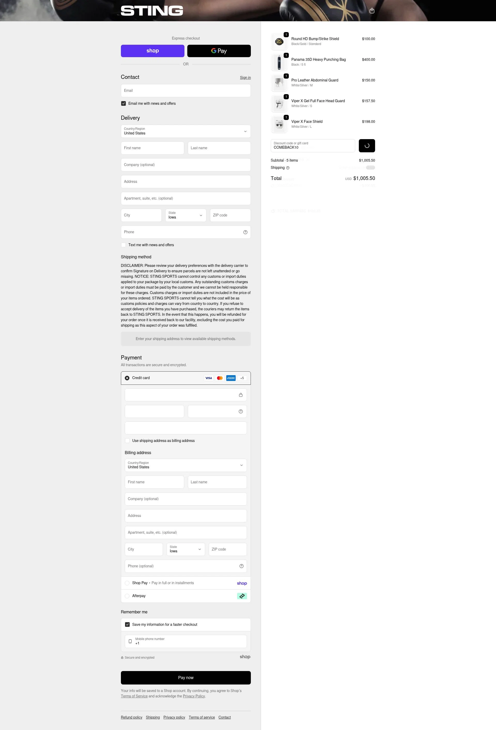 Sting Sports checkout page showing Sting Sports discount code box | Screenshot taken by SimplyCodes community member on Jan 22, 2026