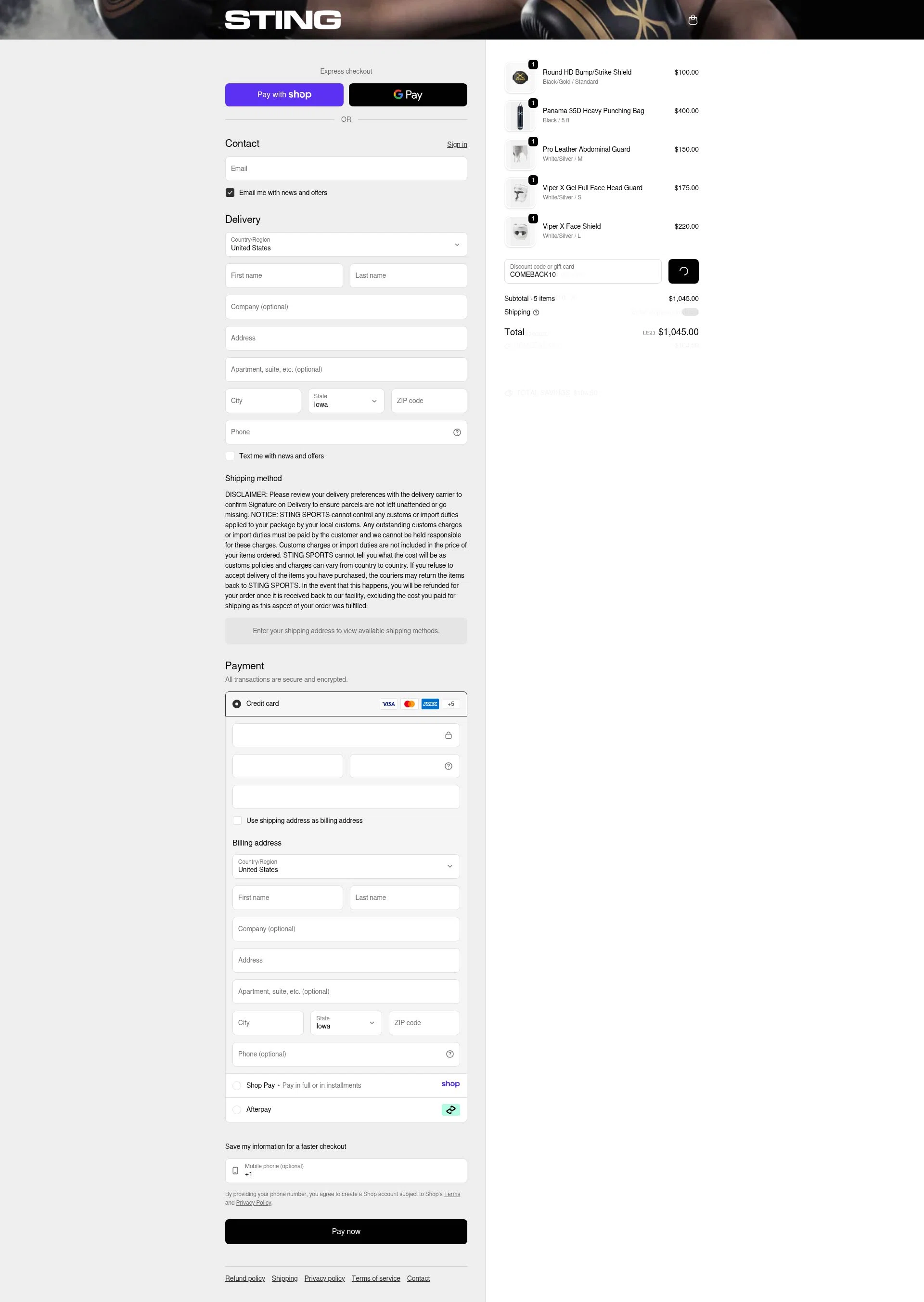 Sting Sports checkout page showing Sting Sports discount code box | Screenshot taken by SimplyCodes community member on Jan 12, 2026