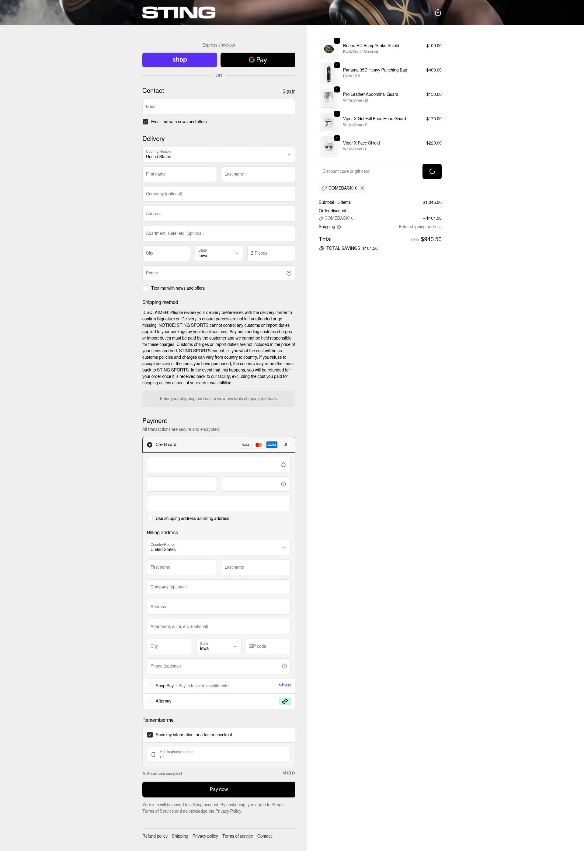 Sting Sports checkout page showing Sting Sports discount code box | Screenshot taken by SimplyCodes community member on Jan 1, 2026