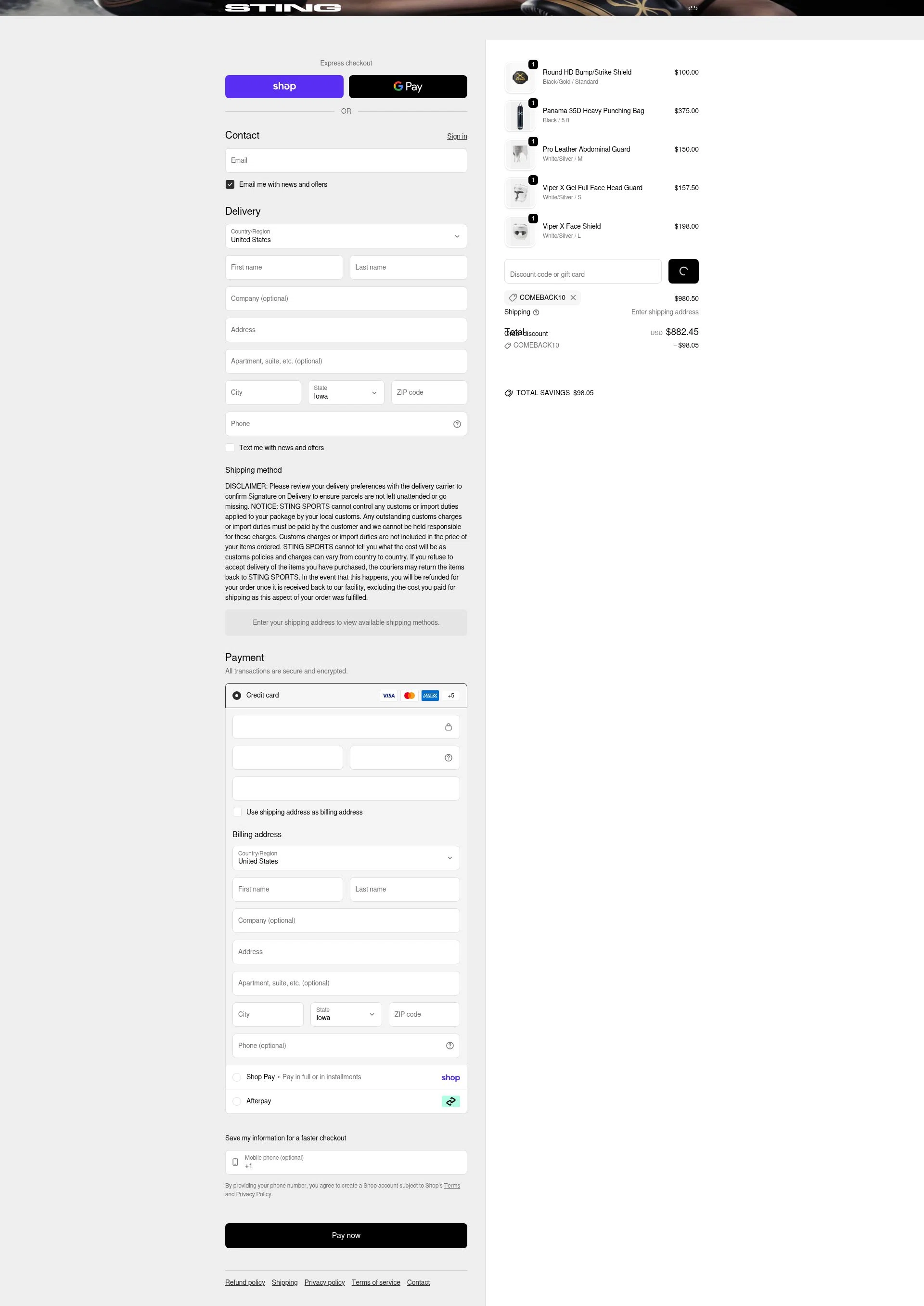 Sting Sports checkout page showing Sting Sports discount code box | Screenshot taken by SimplyCodes community member on Feb 13, 2026