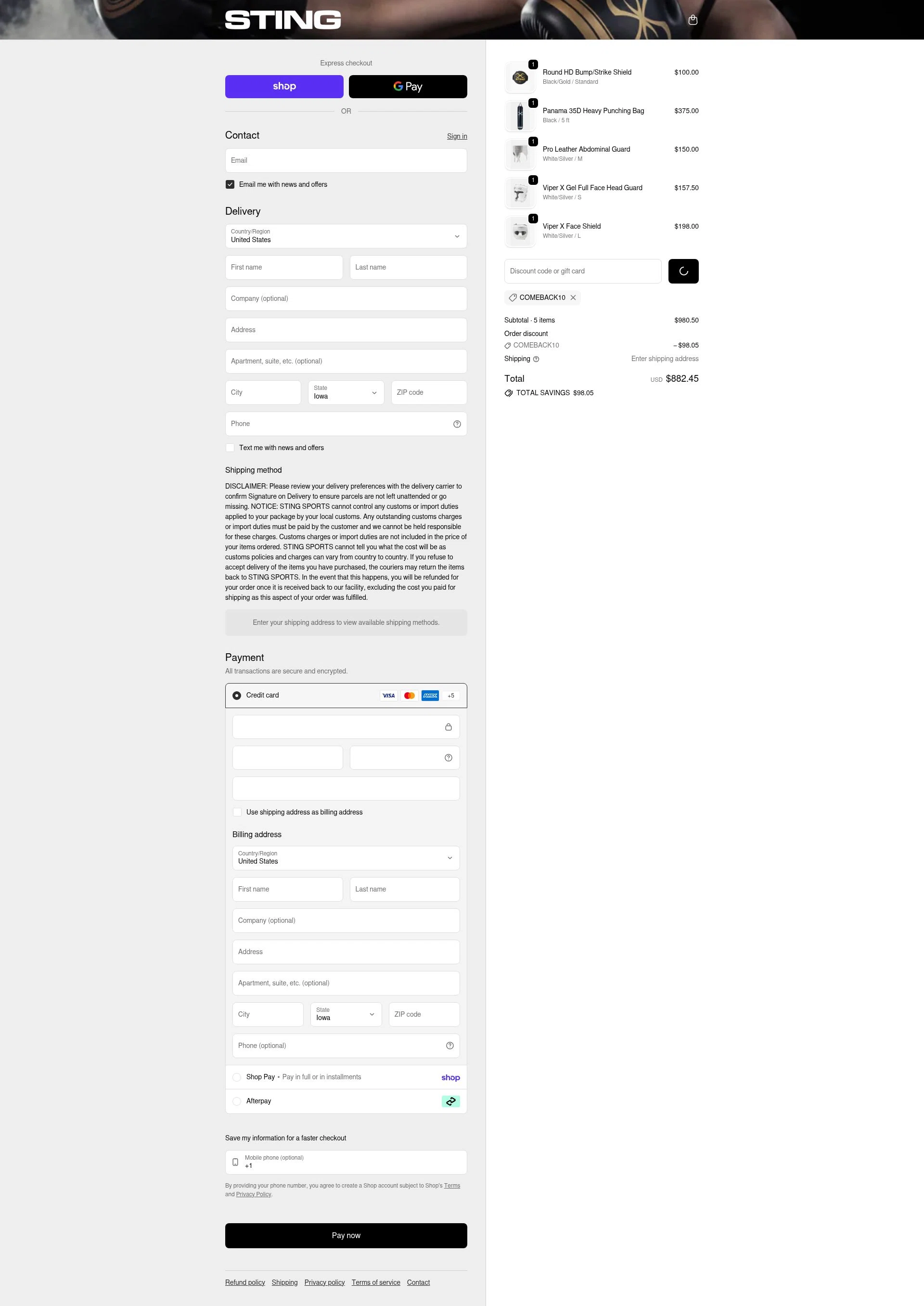 Sting Sports checkout page showing Sting Sports discount code box | Screenshot taken by SimplyCodes community member on Feb 4, 2026