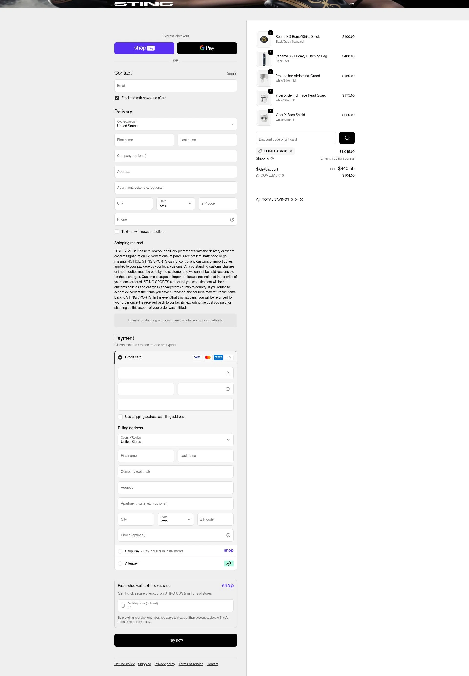 Sting Sports checkout page showing Sting Sports discount code box | Screenshot taken by SimplyCodes community member on Jan 6, 2026