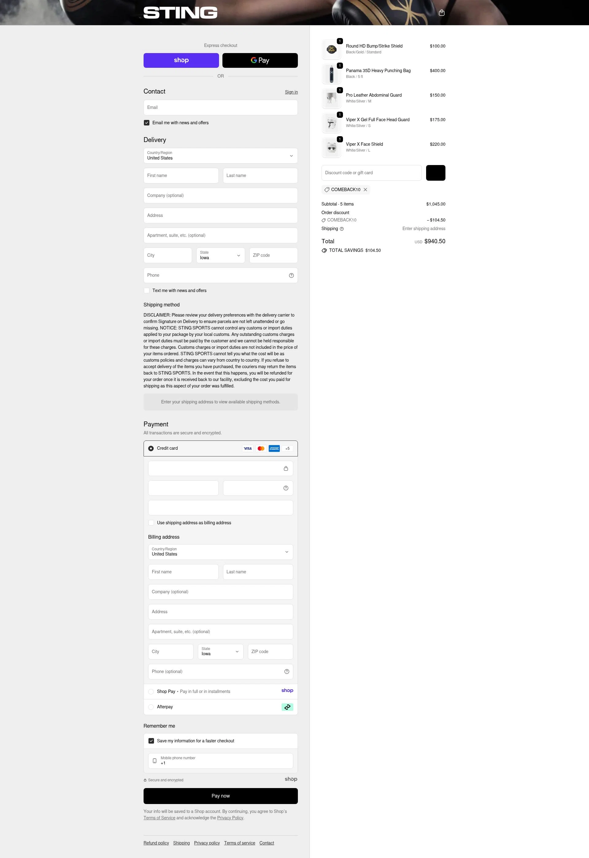 Sting Sports checkout page showing Sting Sports discount code box | Screenshot taken by SimplyCodes community member on Jan 17, 2026
