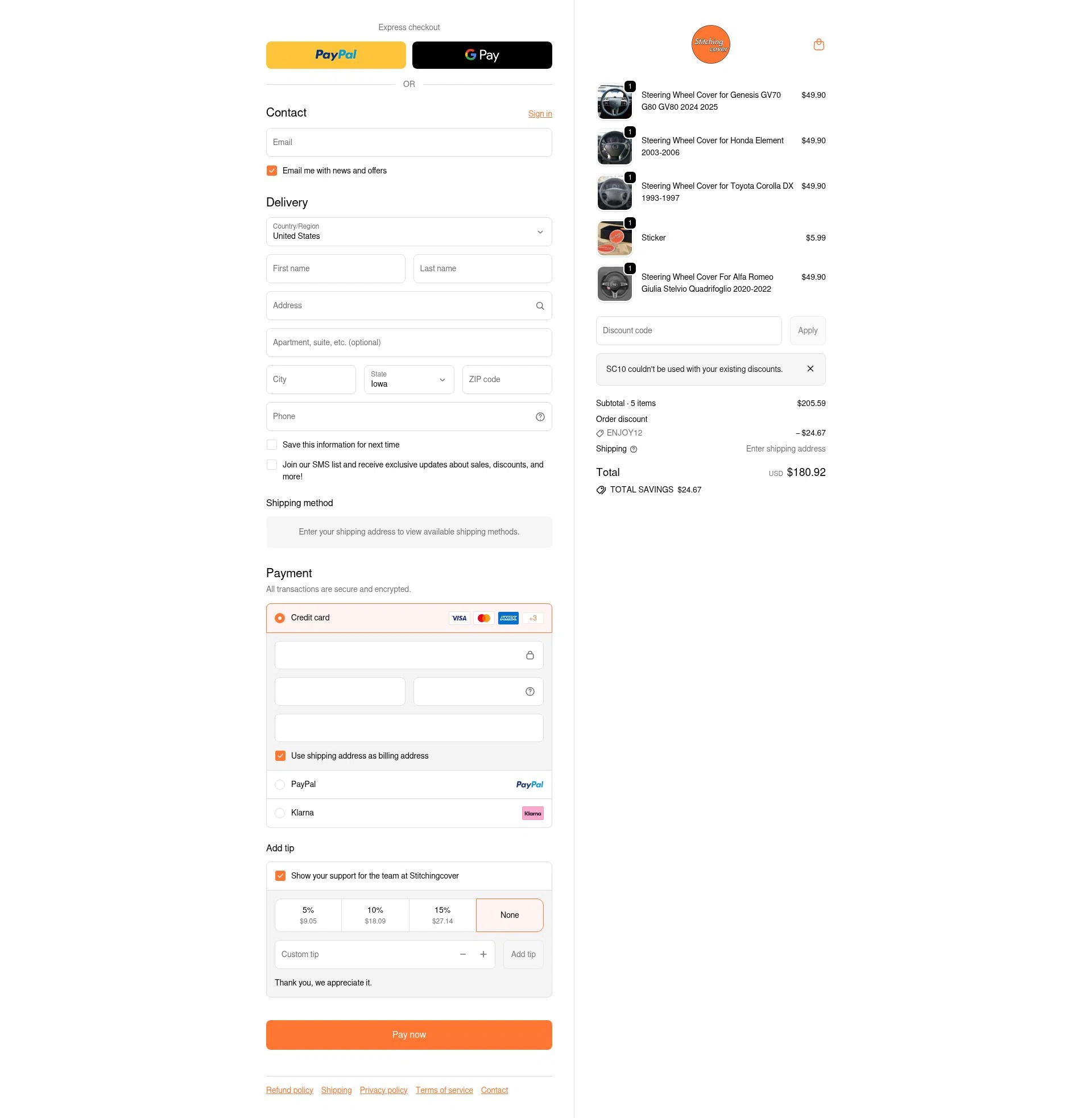 Stitchingcover checkout page showing Stitchingcover promo code box | Screenshot taken by SimplyCodes community member on Feb 20, 2026