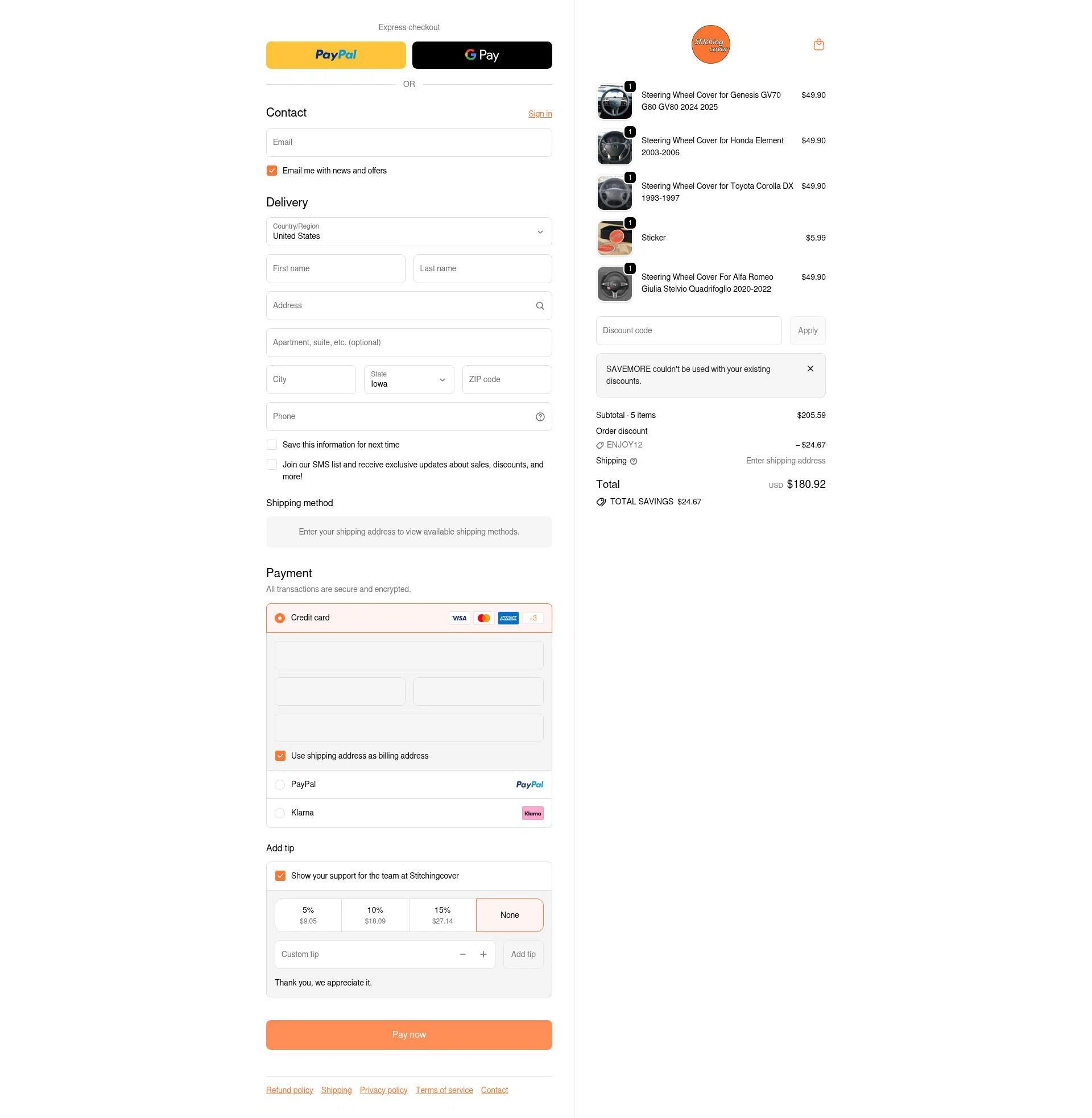 Stitchingcover checkout page showing Stitchingcover promo code box | Screenshot taken by SimplyCodes community member on Feb 20, 2026