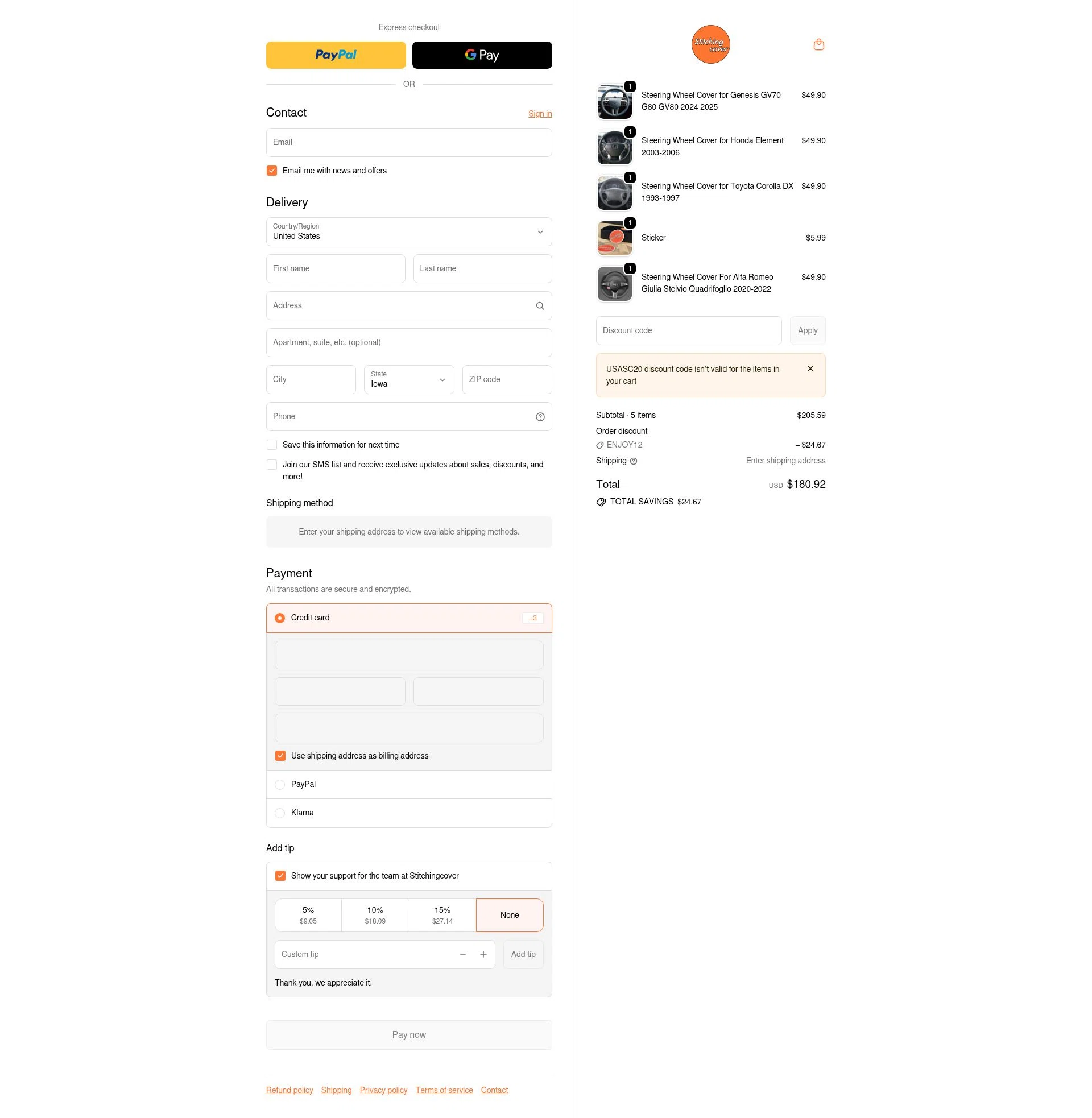 Stitchingcover checkout page showing Stitchingcover promo code box | Screenshot taken by SimplyCodes community member on Feb 20, 2026