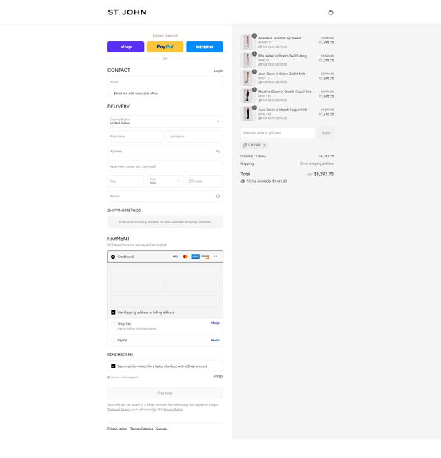 St. John Knits checkout page showing St. John Knits promo code box | Screenshot taken by SimplyCodes community member on Sep 8, 2025