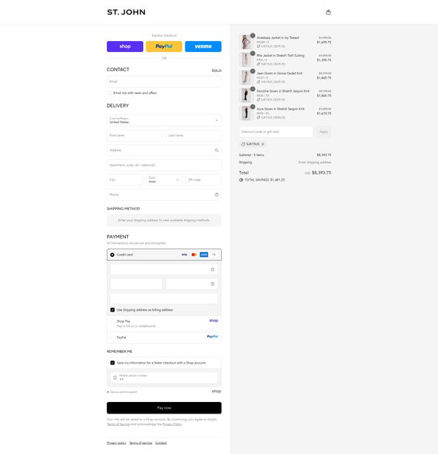 St. John Knits checkout page showing St. John Knits promo code box | Screenshot taken by SimplyCodes community member on Sep 12, 2025