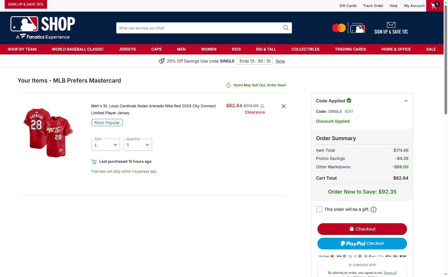 St. Louis Cardinals checkout page showing St. Louis Cardinals promo code box | Screenshot taken by SimplyCodes community member on Feb 4, 2026