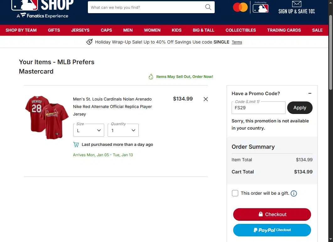 St. Louis Cardinals checkout page showing St. Louis Cardinals promo code box | Screenshot taken by SimplyCodes community member on Dec 29, 2025