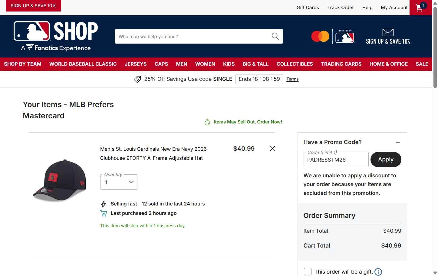 St. Louis Cardinals checkout page showing St. Louis Cardinals promo code box | Screenshot taken by SimplyCodes community member on Feb 24, 2026