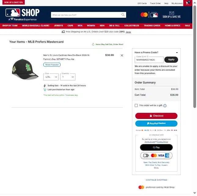 St. Louis Cardinals checkout page showing St. Louis Cardinals promo code box | Screenshot taken by SimplyCodes community member on Feb 22, 2026