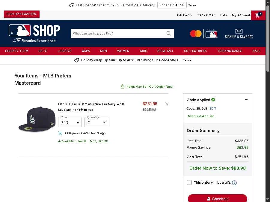St. Louis Cardinals checkout page showing St. Louis Cardinals promo code box | Screenshot taken by SimplyCodes community member on Dec 22, 2025