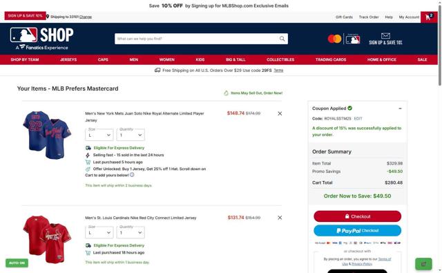 St. Louis Cardinals checkout page showing St. Louis Cardinals promo code box | Screenshot taken by SimplyCodes community member on Sep 7, 2025